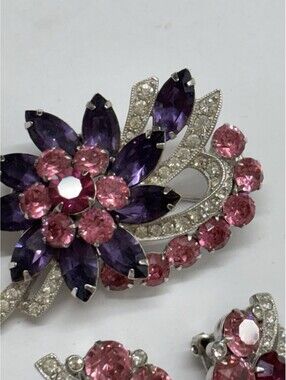 Eisenberg Ice Purple And Pink Flower Brooch, And Clip On Earrings